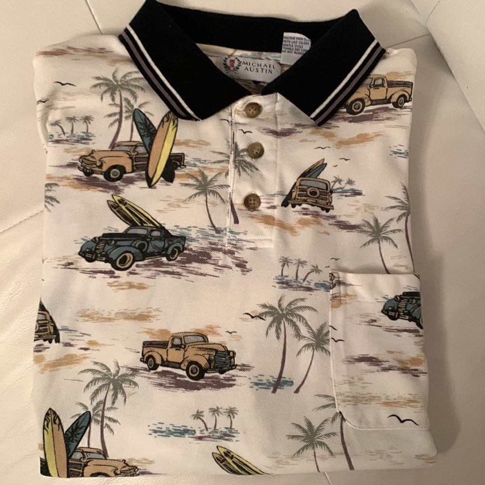 Michael Austin Gold Havaiian Truck Surfing Palm Polo Shirt Men’s Size L